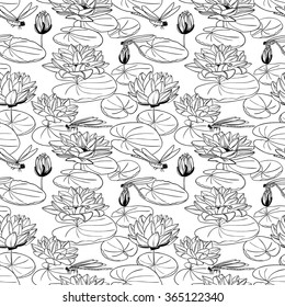 Doodle seamless pattern with a water lily and dragonfly