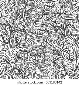 Doodle seamless pattern with waves. Coloring book page
