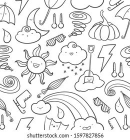 Doodle seamless pattern with weather objects, kawaii faces. Illustration about seasons and types of weather. Easy to change color inside of objects.