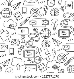 Doodle seamless pattern with web development objects. Programmer items in cartoon outline.