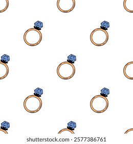 doodle seamless pattern of wedding golden ring with big diamond on white background, romantic valentines day texture