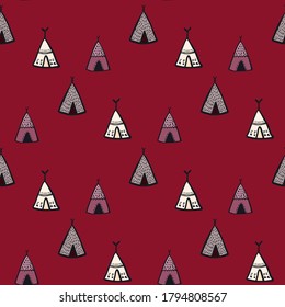 Doodle seamless pattern with wig wam ornament. Maroon background. Tribal stylized artwork. Decorative print for wallpaper, textile, wrapping paper, fabric print. Vector illustration.