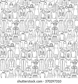 Doodle seamless pattern with woman clothes. Vector illustration of hand drawn clothes and accessories seamless pattern for wrapping, textile prints, wallpaper