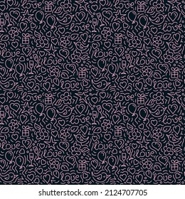 Doodle seamless pattern of Words Love, hearts, Pink and blue. Hand drawing Vector illustration.