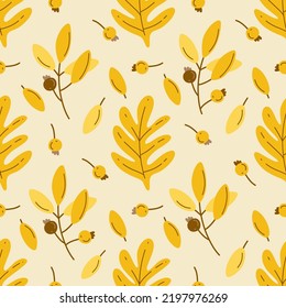 Doodle seamless pattern with yellow autumn leaves and berries