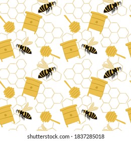 Doodle seamless pattern with yellow bee, beehive, honeyspoon silhouettes. White background with honeycombs. Great for fabric design, textile print, wrapping, cover. Vector illustration.