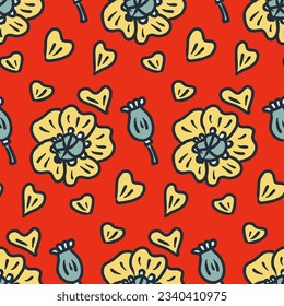 Patrón sin fisuras de perro con amapolas amarillas, cajas de amapola y pétalos. Impresión de verano para tee, papel, textiles y tela. Simple ilustración vectorial para decoración y diseño.