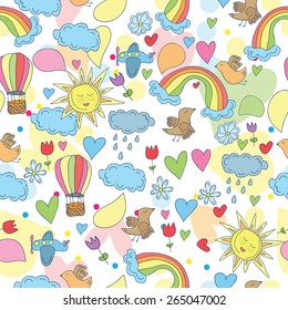 Doodle seamless patternan - Sky, sun, rainbow and clouds, plane and hot air balloons