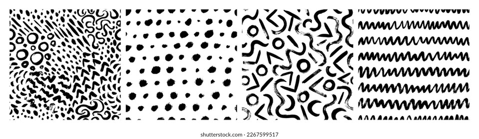 Doodle seamless patterns collection. Polka dot ornament, wavy lines, doodle patterns. Chaotic ink brush scribbles decorative textures. Abstract monochrome geometric backgrounds.