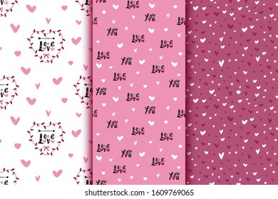 Doodle seamless patterns set with hearts and love lettering for St. Valentine's Day design. Vector illustration. 
