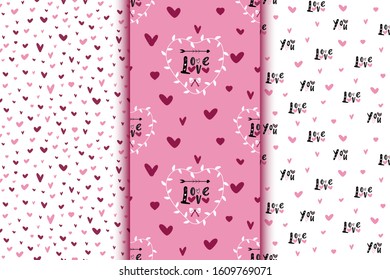 Doodle seamless patterns set with hearts and love lettering for St. Valentine's Day design. Romantic textures.Vector illustration. 