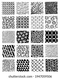 doodle seamless patterns and textures. Set of abstract square backgrounds and sketch dots textures. Vector illustration.
