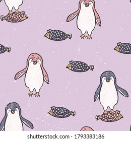 Doodle seamless penguin for print design. Vector hand drawn illustration pattern. Holiday decoration. Cartoon abstract graphic design. Background, wallpaper. Holiday art.