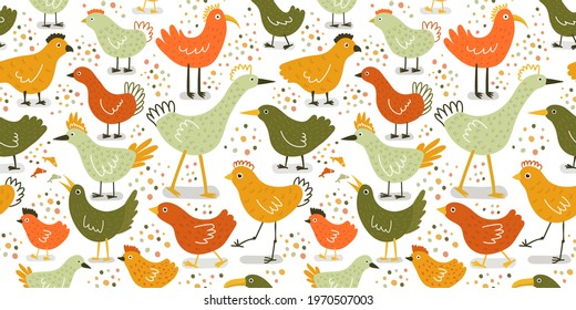 Doodle seamless print with hand drawn stylized decorative birds. Funny animals yellow, orange and green colors. Cute characters. Heron, chicken and other. Pattern on white background. Textile design