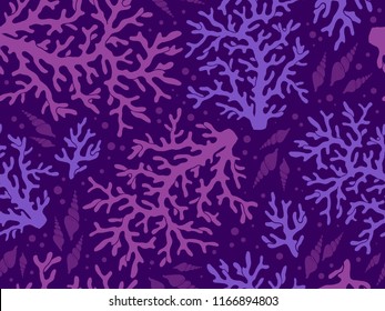 Doodle seamless purple coral reef print for textile, paper design, backgrounds. Under ocean violet corals vector pattern with repeated polyps or sea weed. Nautical underwater sketchy colorful ornament