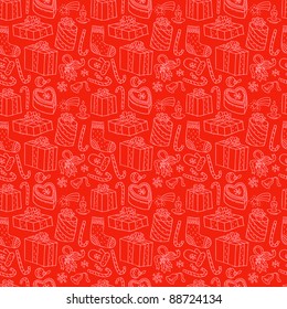 doodle seamless red pattern with gifts