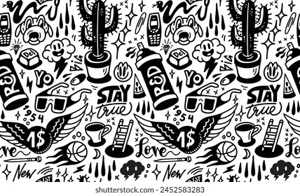 Doodle seamless repeated pattern. Cactus, sunglasses, mobile phone, ball, yo, pill, dog. Print vector background illustration.