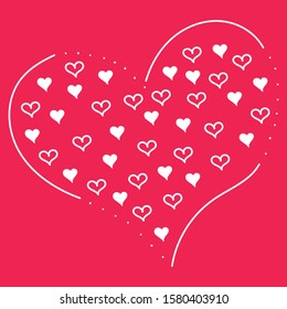 Doodle seamless romantic pattern. White doodle hearts on trendy red background. Ready for design, print, Valentine's day, textile. Cute vector illustration.