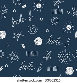 Doodle seamless school and children theme pattern background. Hand drawn simple graphic geometric elements isolated on dark background for use in design