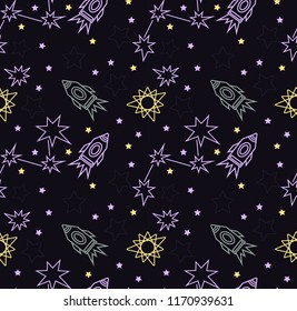 Doodle seamless space pattern. Vector illustration. Purple and yellow planets, UFO, rocket, stars isolated on a dark background.
