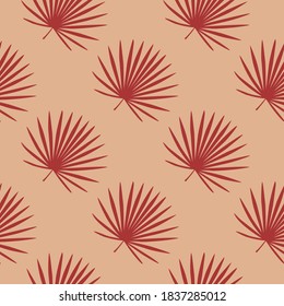 Doodle seamless stylized exotic pattern with maroon talipot leaf ornament. Simple elements on coral background. Decorative backdrop for fabric design, textile, wrapping, cover. Vector illustration