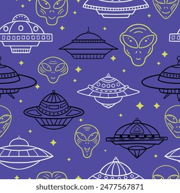 Doodle seamless texture with UFO and aliens.