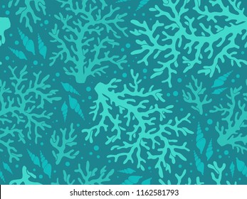 Doodle seamless turquoise coral reef print for textile, paper design, backgrounds. Under ocean blue corals vector pattern with repeated polyps or sea weed. Nautical underwater colorful ornament