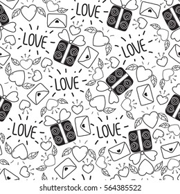 doodle seamless Valentine's day pattern isolated on white background. vector elements: hearts,leaves,cherry,envelopes,gifts and lettering.