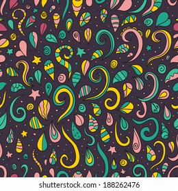 Doodle seamless vector pattern. Color abstract objects on dark background. Can be used for wallpaper, web pages, prints, etc.