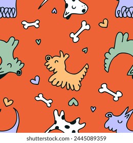 Doodle seamless vector pattern with dogs, hearts and bones. Love for pets concept. Perfect print for tee, paper, textile and fabric. 