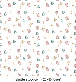 Doodle seamless vector pattern with green Christmas tree, yellow stars, red giftbox isolated on white background, nursery design wallpaper, scrapbooking.