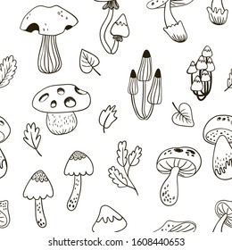 Doodle seamless vector pattern with mushrooms and leaves on a white background for nursery design. Black linear scketch in childish style