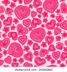 Doodle seamless wallpaper with Valentine hearts and Roses Flowers