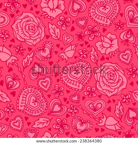 Doodle Seamless Wallpaper Valentine Hearts Roses Stock Vector