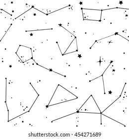 Doodle seamless white pattern with different constellations and stars. Line art repeated white astronomy background.