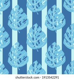 Doodle seamless wild nature pattern with simple monstera leaf ornament. Striped blue background. Vector illustration for seasonal textile prints, fabric, banners, backdrops and wallpapers.