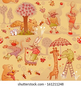 doodle seamless wildlife characters in funny situations