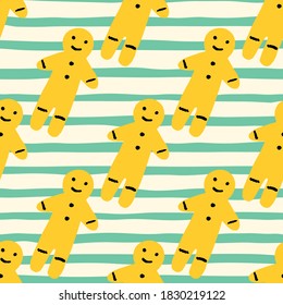 Doodle seamless xmas pattern with yellow gingerbread man cookies. Stripped blue and white background. December new year print. For wallpaper, textile, wrapping paper, fabric print. Vector illustration