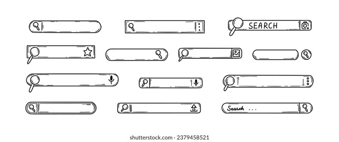 Conjunto de barras de búsqueda de Doodle. Encontrar información de Internet a mano. Esbozo de la caja del navegador del sitio web. Botón de la lupa. Interfaz de equipo