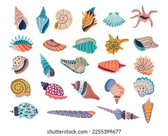 La concha de Doodle. Ilustraciones de vectores estilizados de colores de conchas marinas imágenes recientes aisladas