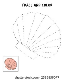 Doodle seashell coloring pages for kids. Trace and color seashell. Scallop Shell. Summer worksheets for kids activity printable. Cartoon seashell clip art vector isolated on white background.