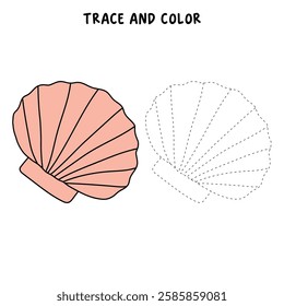 Doodle seashell coloring pages for kids. Trace and color seashell. Scallop Shell. Summer worksheets for kids activity printable. Cartoon seashell clip art vector isolated on white background.