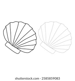 Doodle seashell coloring pages for kids. Trace and color seashell. Scallop Shell. Summer worksheets for kids activity printable. Cartoon seashell clip art vector isolated on white background.