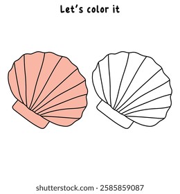 Doodle seashell coloring pages for kids. Trace and color seashell. Scallop Shell. Summer worksheets for kids activity printable. Cartoon seashell clip art vector isolated on white background.