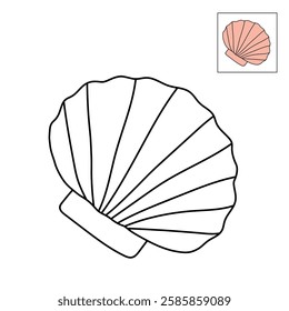 Doodle seashell coloring pages for kids. Trace and color seashell. Scallop Shell. Summer worksheets for kids activity printable. Cartoon seashell clip art vector isolated on white background.