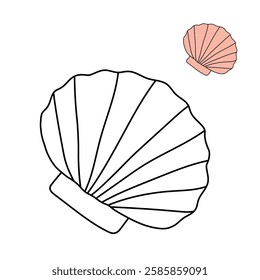 Doodle seashell coloring pages for kids. Trace and color seashell. Scallop Shell. Summer worksheets for kids activity printable. Cartoon seashell clip art vector isolated on white background.