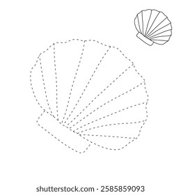 Doodle seashell coloring pages for kids. Trace and color seashell. Scallop Shell. Summer worksheets for kids activity printable. Cartoon seashell clip art vector isolated on white background.