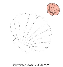 Doodle seashell coloring pages for kids. Trace and color seashell. Scallop Shell. Summer worksheets for kids activity printable. Cartoon seashell clip art vector isolated on white background.