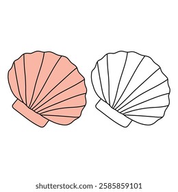 Doodle seashell coloring pages for kids. Trace and color seashell. Scallop Shell. Summer worksheets for kids activity printable. Cartoon seashell clip art vector isolated on white background.