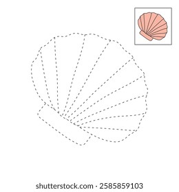 Doodle seashell coloring pages for kids. Trace and color seashell. Scallop Shell. Summer worksheets for kids activity printable. Cartoon seashell clip art vector isolated on white background.